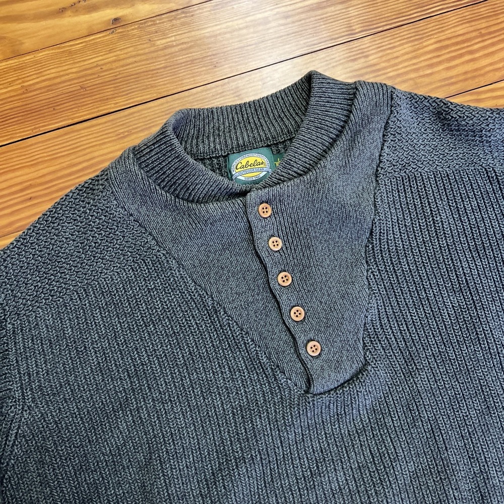 Cabela's Sweater Men's Large Green Chunky Knit Pullover Button Henley Neck - Picture 2 of 8